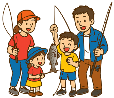 家族で魚釣りをしているイラスト